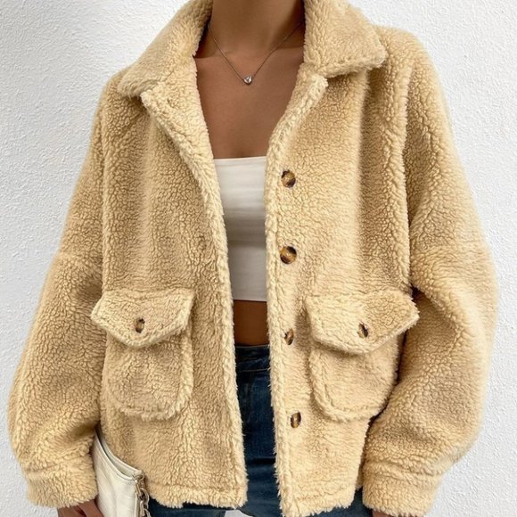 fall winter casual button teddy faux fur button down coat trending - Picture 1 of 6